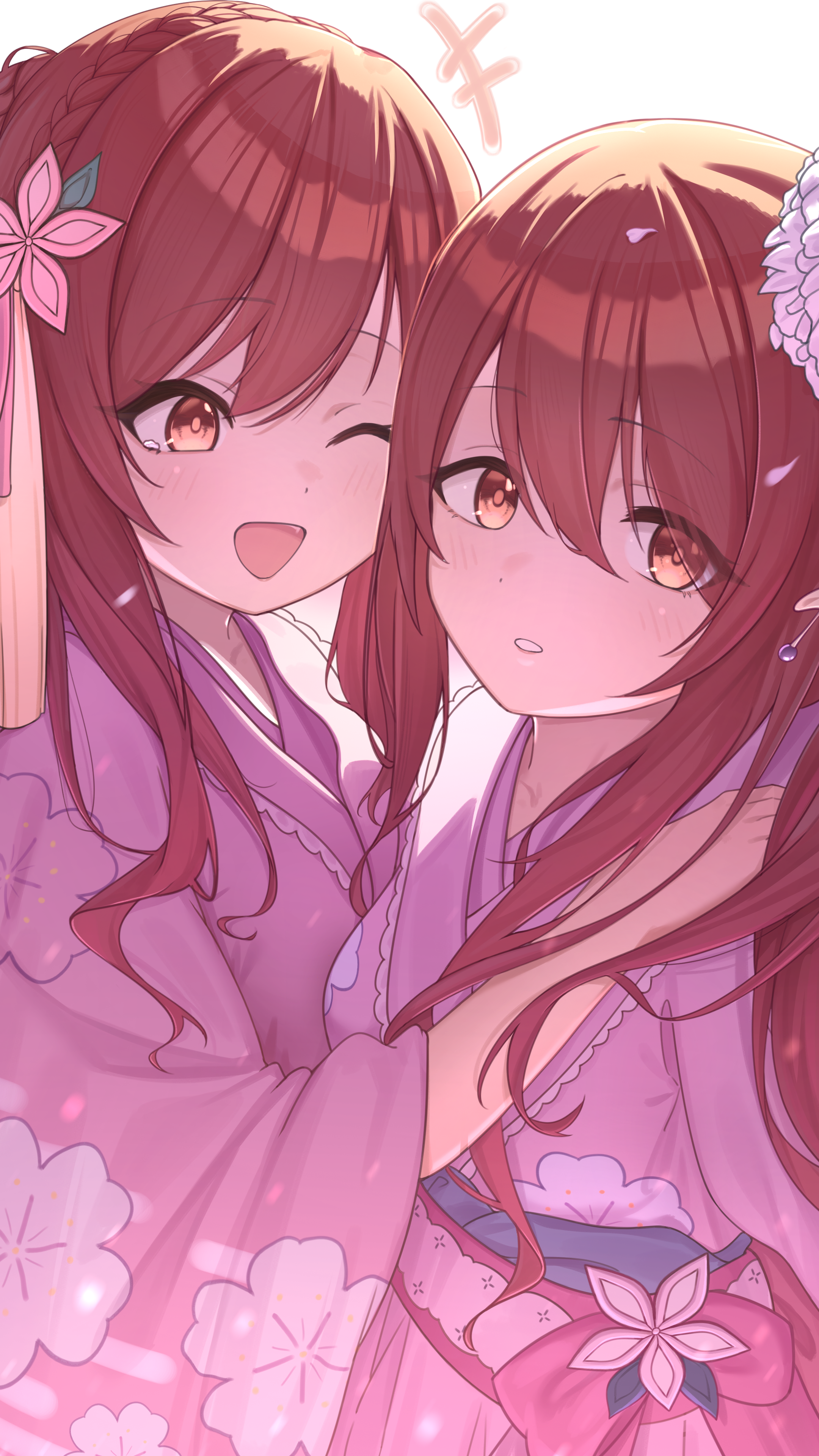 kamory, osaki amana, osaki tenka, idolmaster, idolmaster shiny colors, absurdres, highres, 2girls, blush, braid, crown braid, floral print, floral print kimono, hair ornament, hug, japanese clothes, kimono, long hair, long sleeves, looking at another, looking at viewer, multiple girls, official alternate costume, official alternate hairstyle, one eye closed, open mouth, pink kimono, print kimono, red hair, siblings, simple background, sisters, smile, swept bangs, tears, twins, white background, wide sleeves, yellow eyes, yukata
