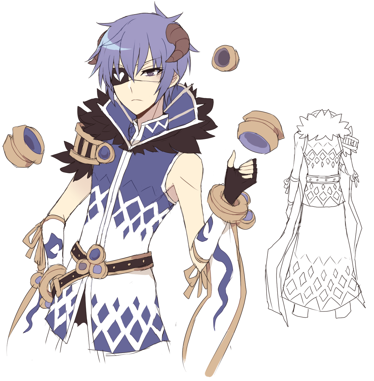 sorcerer (ragnarok online), ragnarok online, highres, 1boy, argyle cape, argyle clothes, argyle shirt, astrarunia, bangle, belt, black belt, black gloves, bracelet, closed mouth, cowboy shot, cropped legs, detached sleeves, eyepatch, fingerless gloves, fur collar, gloves, heart, heart eyepatch, jewelry, looking at viewer, male focus, purple eyes, purple hair, shirt, short hair, simple background, solo, waist cape, white background, white shirt, white sleeves
