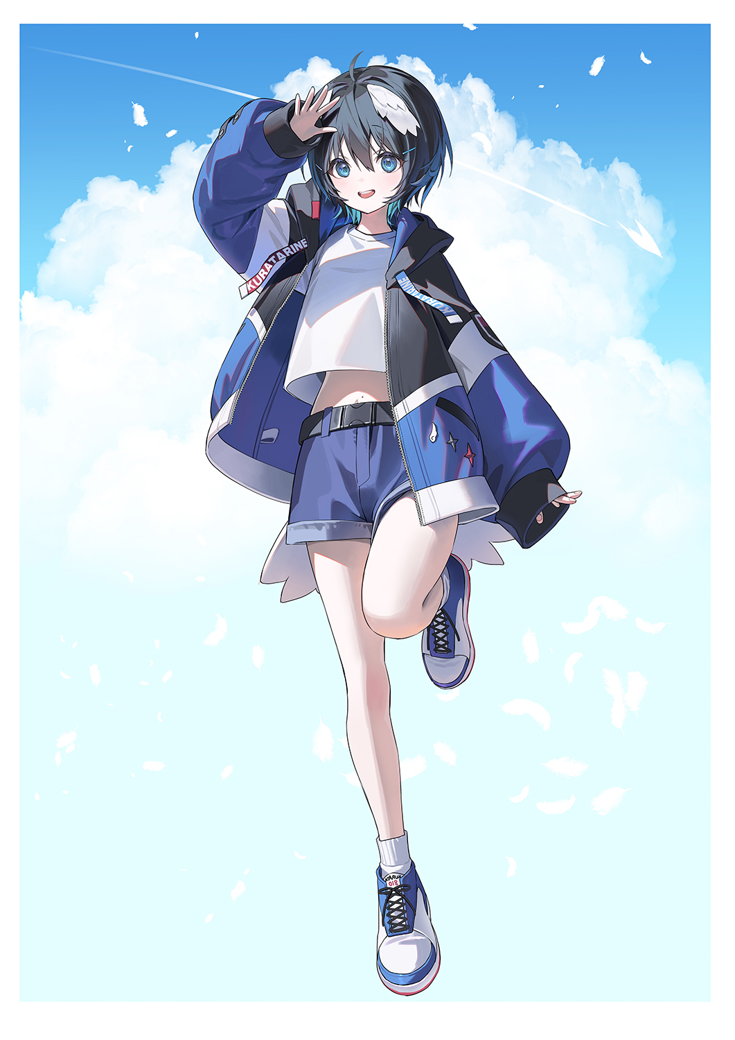 kurata rine, kurata rine (vtuber), indie virtual youtuber, commentary request, highres, 1girl, :d, arm up, black hair, black jacket, blue eyes, blue hair, blue shorts, blue sky, cloud, cloudy sky, day, drawstring, feathered wings, feathers, full body, head wings, hood, hood down, hooded jacket, jacket, long sleeves, looking at viewer, midriff peek, multicolored hair, navel, open clothes, open jacket, open mouth, outdoors, puffy long sleeves, puffy sleeves, shirt, shoes, shorts, sky, sleeves past wrists, smile, solo, teeth, two-tone hair, upper teeth only, virtual youtuber, white feathers, white shirt, white shoes, white wings, wings