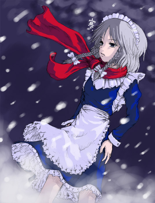 izayoi sakuya, perfect cherry blossom, touhou, silver hair, 1girl, braid, cloud, female focus, maid, short hair, snow, solo, twin braids