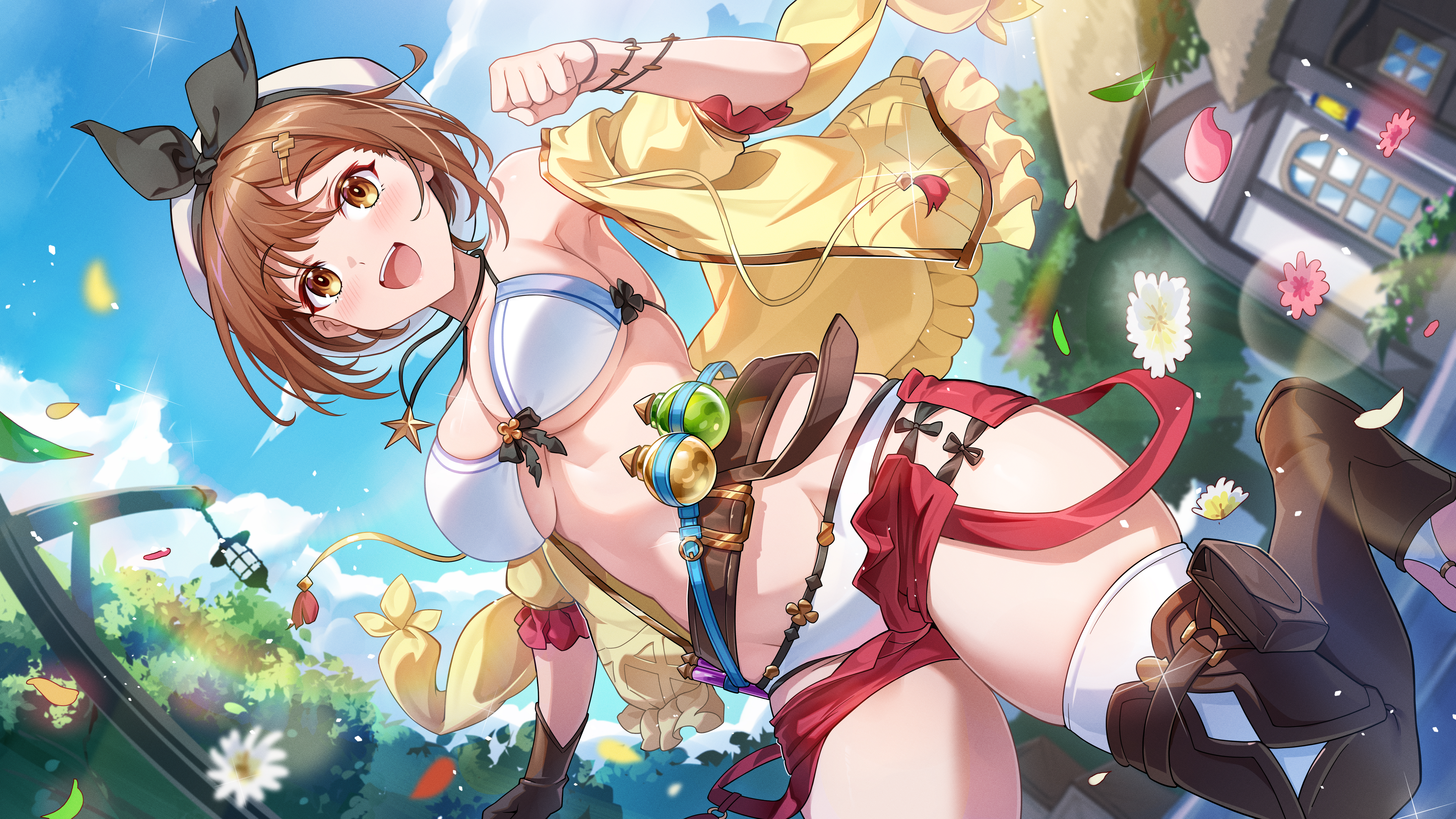 shenqi xiao hong zai nali, reisalin stout, atelier (series), atelier ryza, absurdres, highres, 1girl, :d, bare shoulders, black bow, bow, bra, breasts, brown hair, falling petals, foot out of frame, hair bow, hand up, high heels, light blush, open mouth, outdoors, panties, petals, running, shirt, short hair, smile, solo, teeth, thighhighs, underwear, upper teeth only, village, white bra, white panties, white thighhighs, yellow shirt