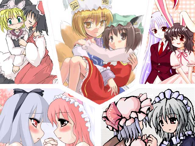 chen, hakurei reimu, inaba tewi, izayoi sakuya, kirisame marisa, konpaku youmu, reisen udongein inaba, remilia scarlet, saigyouji yuyuko, yakumo ran, touhou, silver hair, 6+girls, animal ears, apron, blonde hair, blush, brown hair, cat ears, cat girl, earrings, female focus, hat, jewelry, kiss, maid headdress, multiple girls, multiple tails, pink hair, rabbit ears, tail, witch hat, yuri