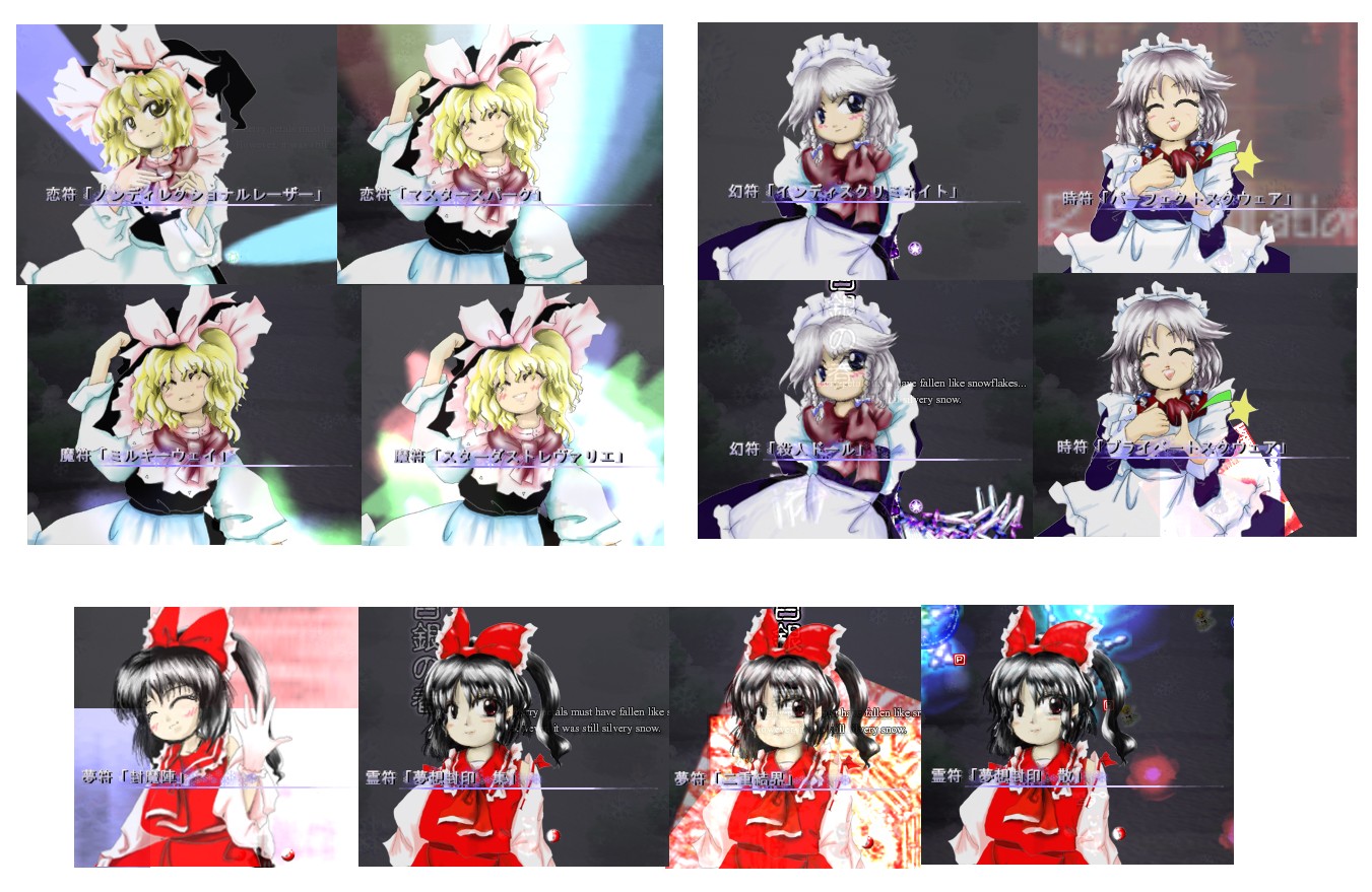 zun (artist), hakurei reimu, izayoi sakuya, kirisame marisa, perfect cherry blossom, touhou, screencap, game cg, 3girls, apron, arms behind back, ascot, black hair, blonde hair, blue eyes, blush, bow, brown eyes, closed eyes, detached sleeves, female focus, grey hair, hair bow, hair ornament, hat, long hair, long sleeves, looking at viewer, maid headdress, multiple girls, open mouth, ponytail, scarf, smile, wide sleeves, witch hat