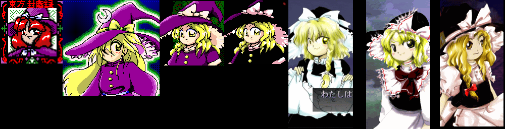 zun (artist), kirisame marisa, kirisame marisa (pc-98), embodiment of scarlet devil, lotus land story, mystic square, phantasmagoria of dim.dream, the story of eastern wonderland, touhou, touhou (pc-98), 1990s (style), 1girl, apron, black dress, black hat, blonde hair, bow, braid, buttons, crescent, crescent hair ornament, dress, evolution, female focus, hair ornament, hair over one eye, hat, hat bow, long hair, multiple persona, multiple views, puffy short sleeves, puffy sleeves, purple dress, purple hat, red bow, red eyes, red hair, retro artstyle, ribbon, scarf, shirt, short hair, short sleeves, single braid, white bow, white ribbon, white shirt, witch hat, yellow bow, yellow eyes, yellow ribbon