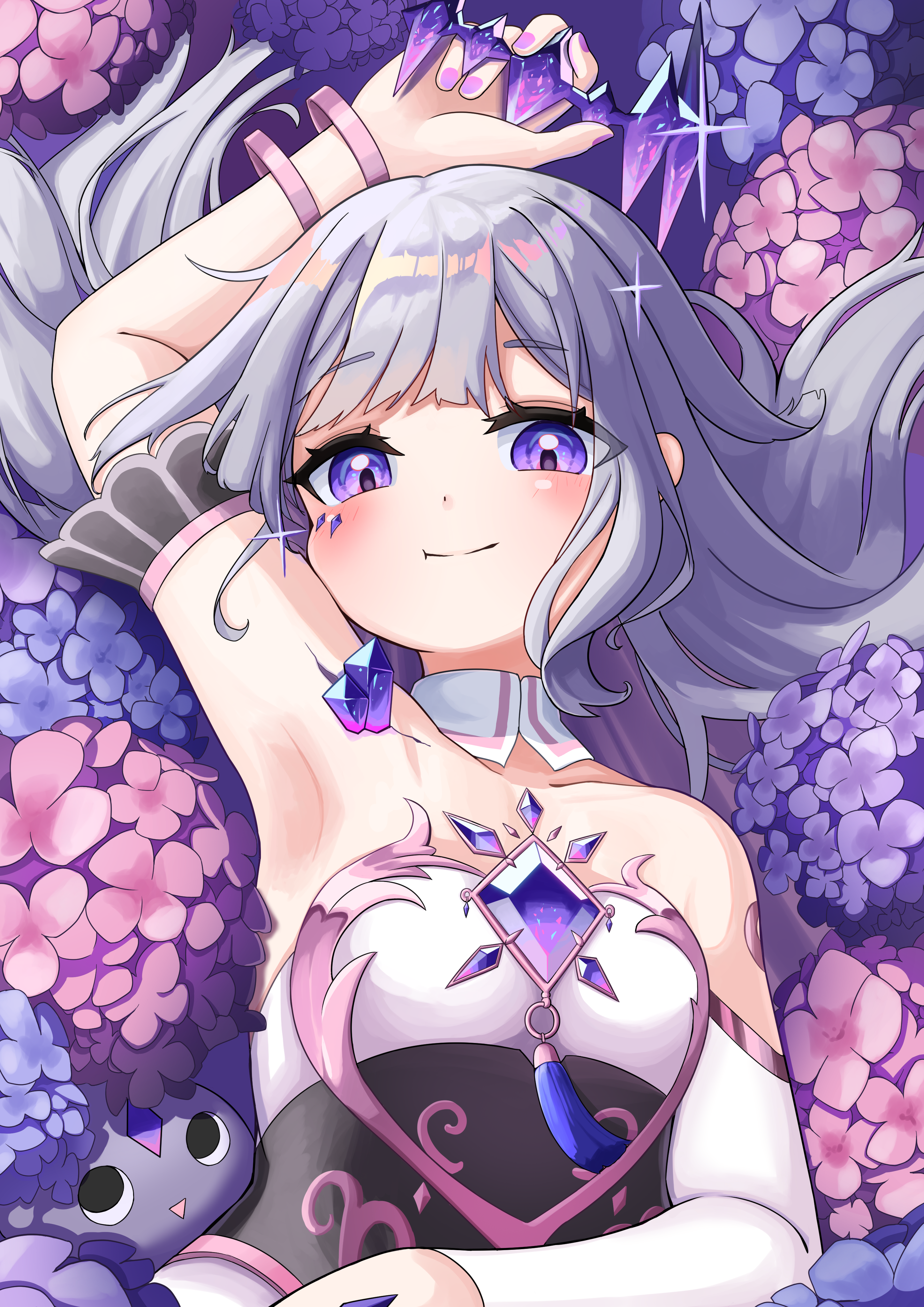 koseki bijou, koseki bijou (1st costume), pebble (koseki bijou), hololive, absurdres, commentary request, highres, 1girl, arm up, armpits, chest jewel, closed mouth, day, detached collar, detached sleeves, flower, from above, hydrangea, light smile, long hair, looking at viewer, lying, on back, outdoors, puffy cheeks, purple eyes, purple hair, purple nails, single detached sleeve, solo, tassel, uminonin46978, upper body, virtual youtuber, wristband