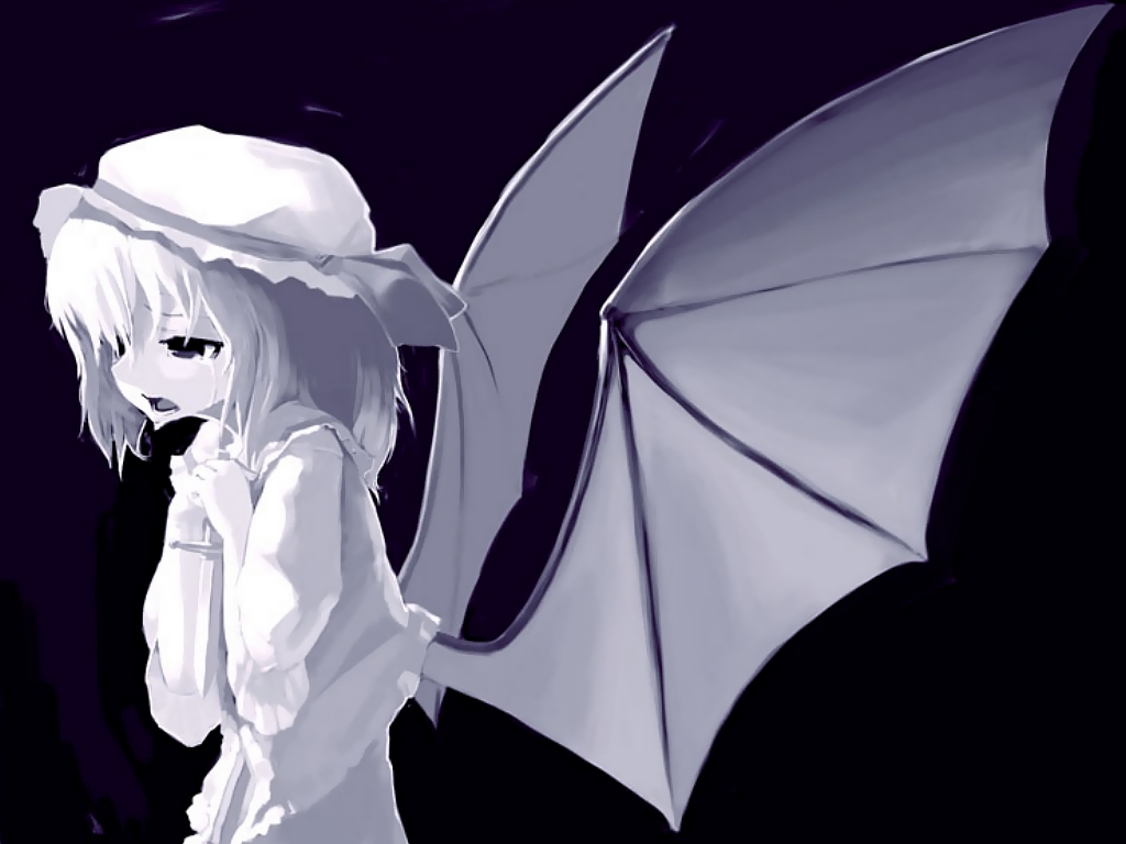 x6suke, remilia scarlet, touhou, 1girl, bat wings, black background, cowboy shot, female focus, from side, hat, hat ribbon, holding, knife, mob cap, monochrome, purple theme, ribbon, short hair, simple background, solo, tears, two-handed, wings