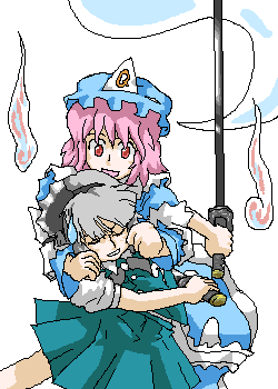 konpaku youmu, konpaku youmu (ghost), saigyouji yuyuko, touhou, lowres, 2girls, female focus, hat, mob cap, multiple girls, oekaki, triangular headpiece