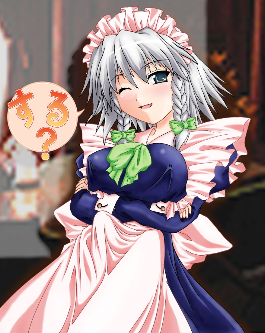 izayoi sakuya, touhou, breast hold, silver hair, artist request, translated, 1futa, ;d, apron, blue dress, blue eyes, blurry, bow, bowtie, braid, breasts, bulge, covered erect nipples, crossed arms, dress, erection, erection under clothes, frills, futanari, grey eyes, hair bow, head tilt, huge breasts, indoors, large breasts, leaning back, looking at viewer, maid, maid apron, maid headdress, one eye closed, open mouth, penis, ribbon, smile, solo, speech bubble, twin braids, waist apron, wink, wrist cuffs