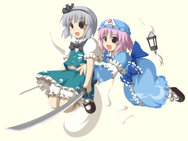 konpaku youmu, konpaku youmu (ghost), saigyouji yuyuko, touhou, 2girls, bloomers, female focus, hat, multiple girls, no lineart, sword, triangular headpiece, underwear, weapon, white bloomers