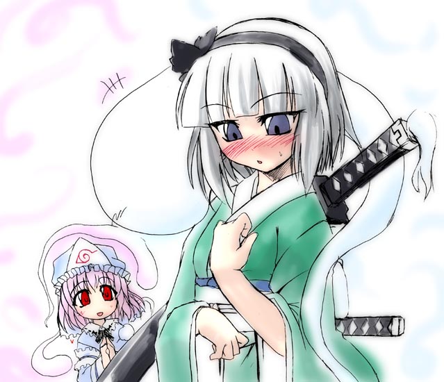 konpaku youmu, konpaku youmu (ghost), saigyouji yuyuko, touhou, 2girls, alternate costume, blush, female focus, japanese clothes, kimono, multiple girls, white background