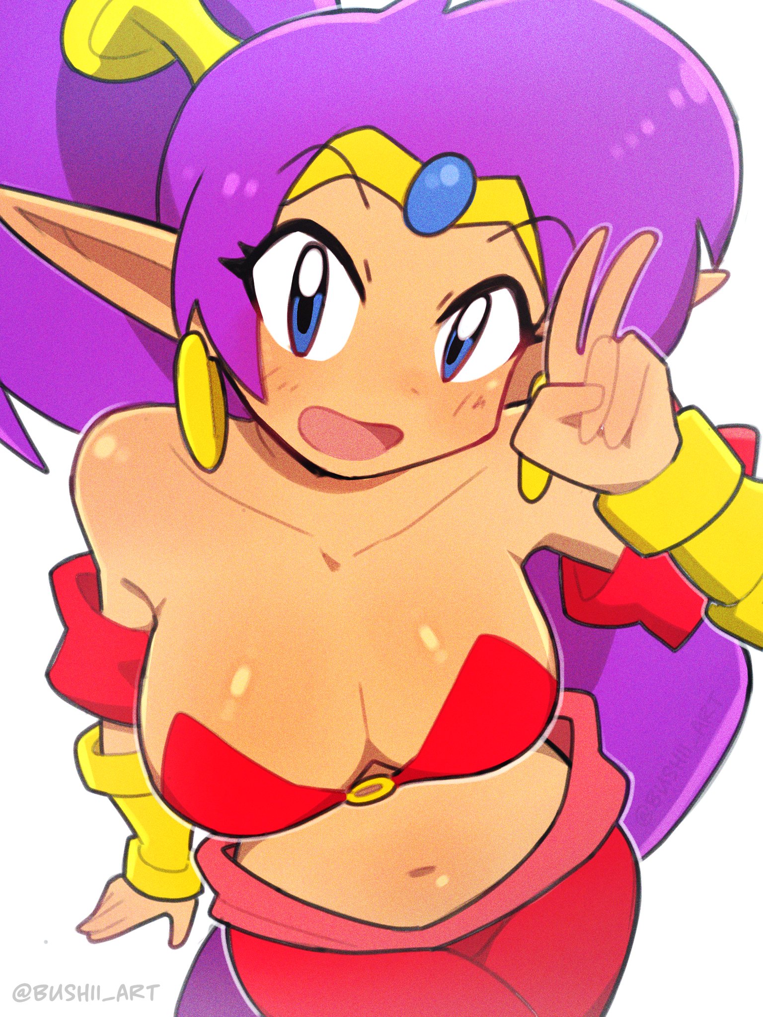 bushii (bo0xhy), shantae, shantae (series), highres, 1girl, blue eyes, bracer, breasts, circlet, cleavage, collarbone, dark-skinned female, dark skin, earrings, from above, jewelry, large breasts, long hair, navel, open mouth, pants, pointy ears, ponytail, purple hair, red pants, solo, v, very long hair, white background