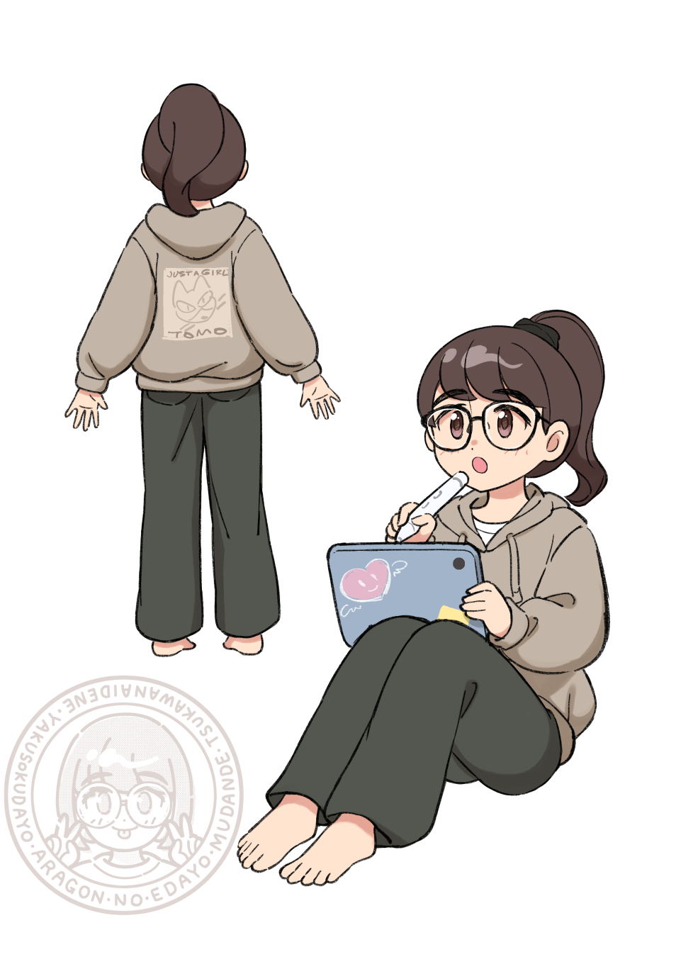 aragon honnin, original, highres, 1girl, barefoot, black-framed eyewear, black pants, brown eyes, brown hair, brown hoodie, drawing tablet, glasses, holding, holding drawing tablet, holding stylus, hood, hood down, hoodie, knees up, long sleeves, open mouth, pants, ponytail, short hair, short ponytail, simple background, sitting, solo, stylus, sweatpants, white background