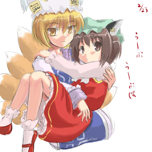 sasuke (sasuke no sato), chen, yakumo ran, touhou, lowres, 2girls, animal ears, animal hat, blonde hair, brown eyes, brown hair, cat ears, cat girl, cat tail, earrings, female focus, fox tail, hat, jewelry, long sleeves, mob cap, multiple girls, multiple tails, shoes, short hair, single earring, socks, tabard, tail, white background, yellow eyes