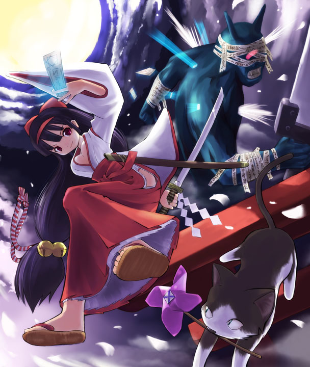 1girl, bell, black hair, cat, hair bell, hair ornament, japanese clothes, long hair, miko, monster, moon, pinwheel, red eyes, sword, very long hair, weapon