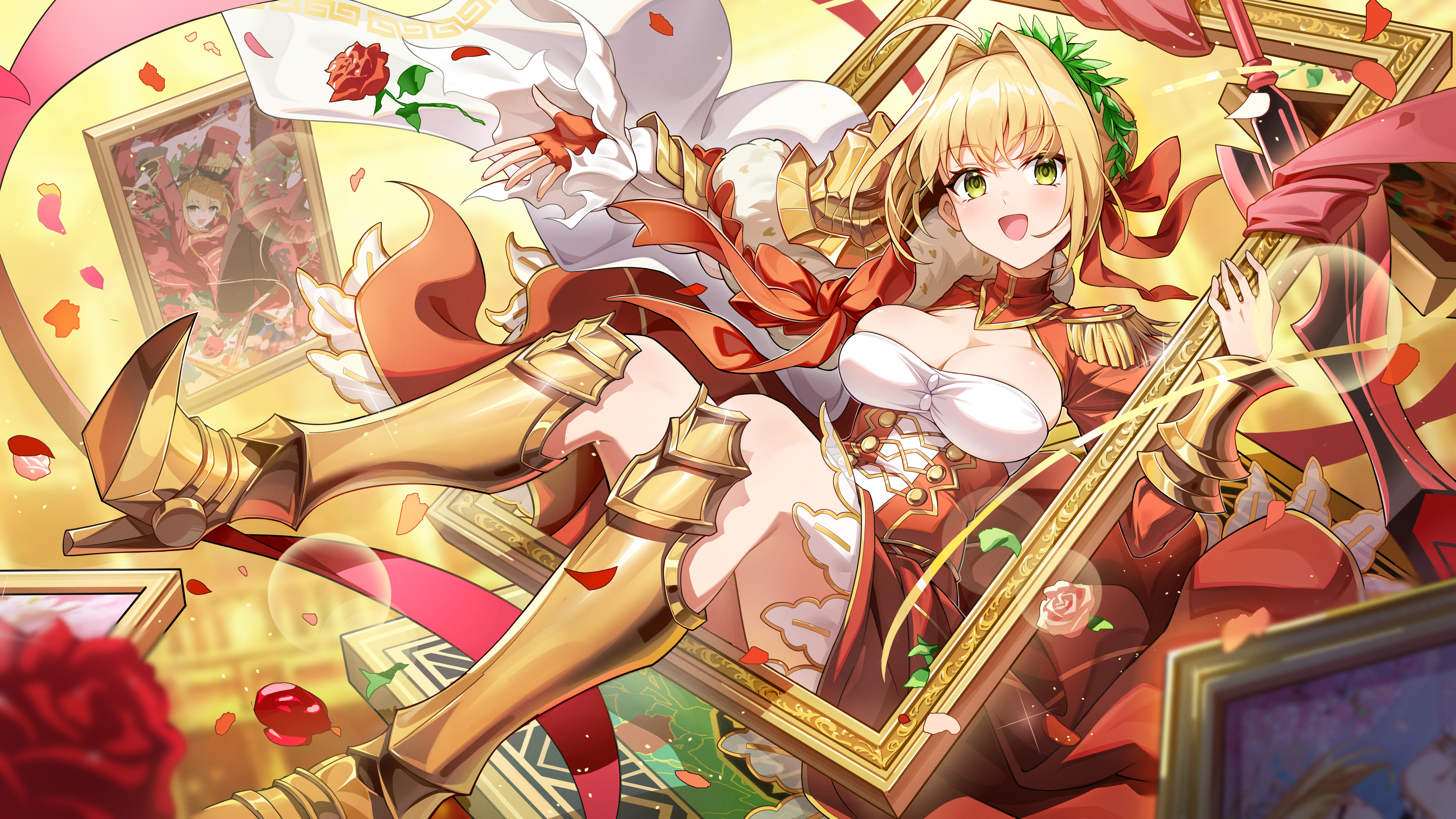 shenqi xiao hong zai nali, nero claudius (fate), nero claudius (fate/extra), fate/grand order, fate (series), absurdres, highres, 1girl, blonde hair, blurry, blurry background, boots, breasts, cleavage, dress, epaulettes, fingerless gloves, flower, gloves, green eyes, hair intakes, holding, holding picture frame, leg armor, looking at viewer, picture frame, red dress, red flower, red gloves, red rose, rose, single glove, sitting, solo