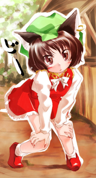 chen, touhou, 1girl, animal ears, blush stickers, brown eyes, brown hair, cat ears, cat girl, earrings, female focus, hat, jewelry, short hair, solo