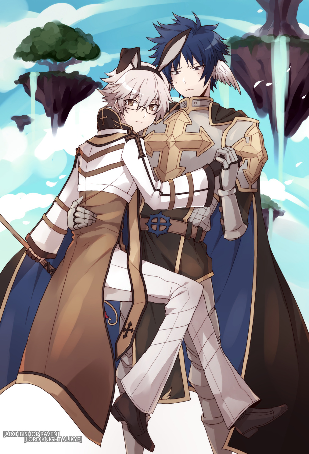 arch bishop (ragnarok online), lord knight (ragnarok online), ragnarok online, artist collaboration, commentary, english commentary, highres, 2boys, animal ears, armor, astrarunia, belt, black-framed eyewear, black gloves, black shoes, black tabard, blue cape, blue eyes, blue hair, blue sky, breastplate, brown belt, brown eyes, cape, character name, closed mouth, cloud, cropped jacket, cross, cross of prontera, day, fake animal ears, feathered wings, floating island, full body, glasses, gloves, grey hair, head wings, holding, holding hands, holding staff, jacket, long sleeves, looking at viewer, looking down, multiple boys, outdoors, pants, pauldrons, rabbit ears, shoes, short hair, shoulder armor, sky, smile, staff, tabard, tomosm, tree, water, waterfall, white jacket, white pants, white wings, wings
