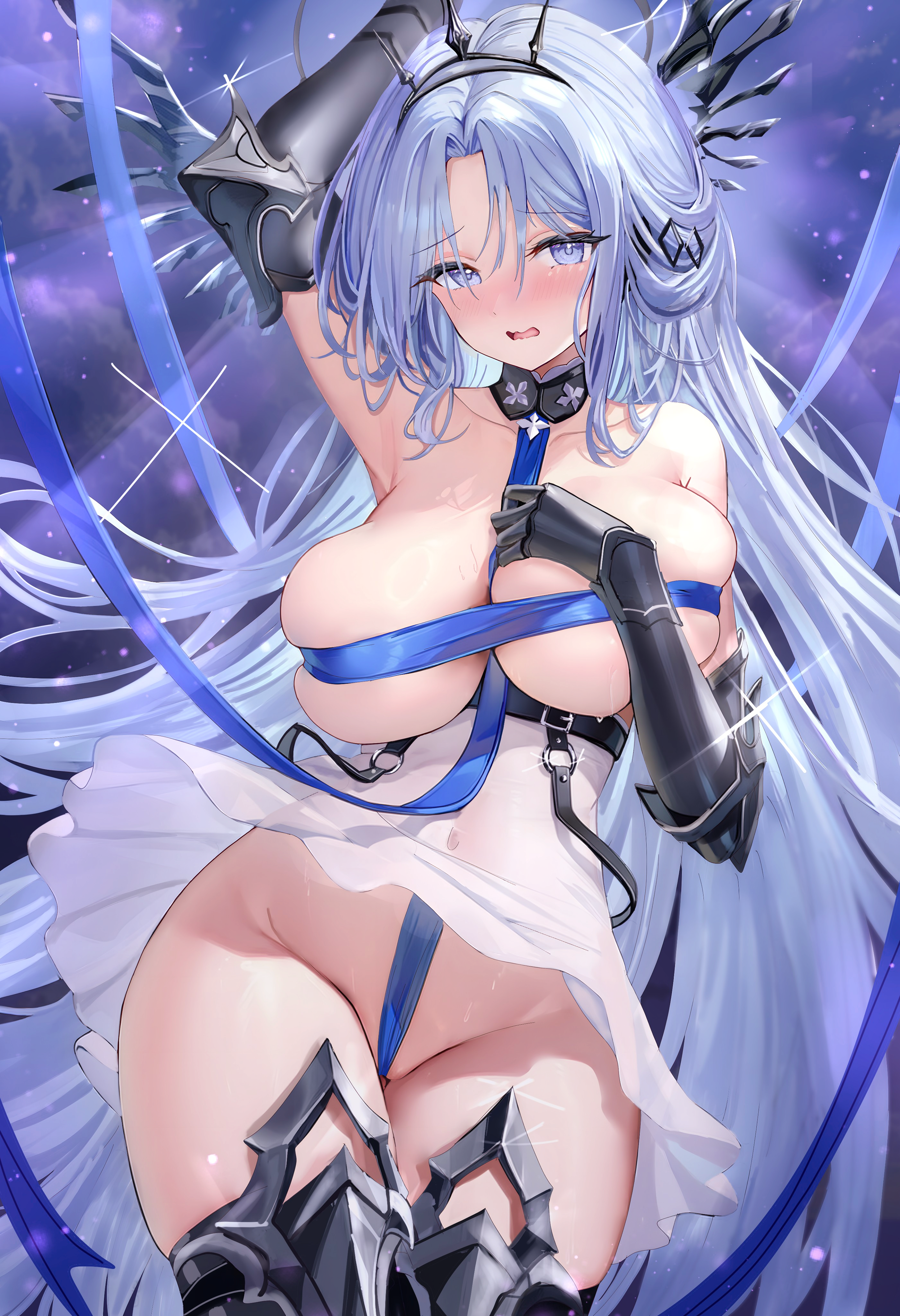 age fx, alsace (azur lane), azur lane, absurdres, commentary, commentary request, highres, partial commentary, 1girl, arm up, armor, armored gloves, armpits, bare shoulders, belt, between breasts, black belt, black gloves, blue eyes, blue hair, blush, breast ribbon, breasts, cleavage, collarbone, covered navel, dress, floating hair, furrowed brow, gauntlets, glint, gloves, groin, hair ornament, hand on own chest, headpiece, huge breasts, light particles, long hair, looking at viewer, night, night sky, no bra, no panties, parted bangs, revealing clothes, sky, solo, standing, strap, thigh armor, thighs, very long hair, wavy mouth, wind, wind lift