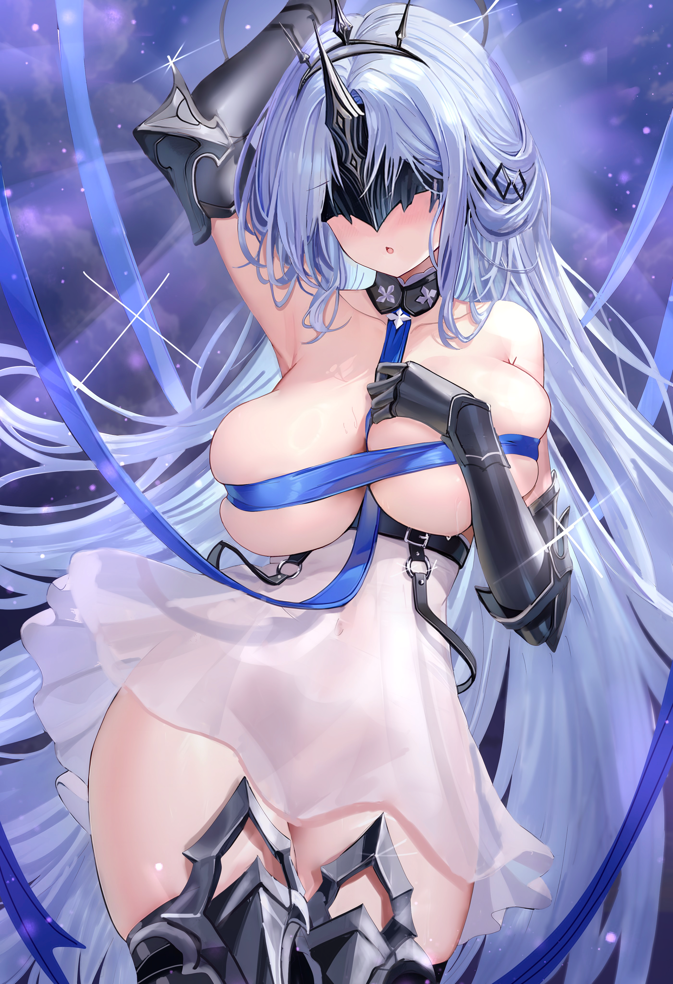 age fx, alsace (azur lane), azur lane, absurdres, commentary, commentary request, highres, partial commentary, 1girl, arm up, armor, armored gloves, armpits, bare shoulders, belt, between breasts, black belt, black gloves, blue hair, blush, breast ribbon, breasts, cleavage, collarbone, covered navel, dress, eye mask, facing viewer, floating hair, furrowed brow, gauntlets, glint, gloves, hair ornament, hand on own chest, headpiece, huge breasts, light particles, long hair, night, night sky, no bra, no panties, open mouth, parted bangs, revealing clothes, sky, solo, standing, strap, thigh armor, thighs, very long hair