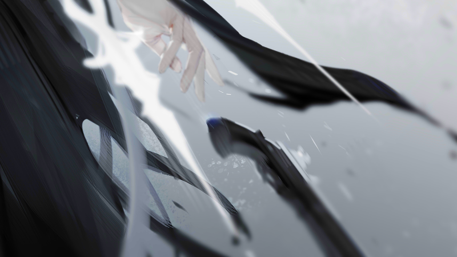 andoain (arknights), arknights, game cg, highres, official art, third-party source, 1boy, close-up, dropped object, dropping, gun, out of frame, solo, weapon, wings