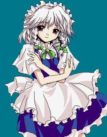 izayoi sakuya, touhou, lowres, 1girl, braid, female focus, maid, oekaki, simple background, solo, twin braids