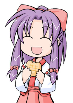 hakurei reimu, hakurei reimu (pc-98), touhou, touhou (pc-98), lowres, 1girl, :d, ^ ^, bow, bread, chibi, chibi only, closed eyes, eating, female focus, food, hair bow, half updo, happy, melon bread, open mouth, purple hair, smile, solo