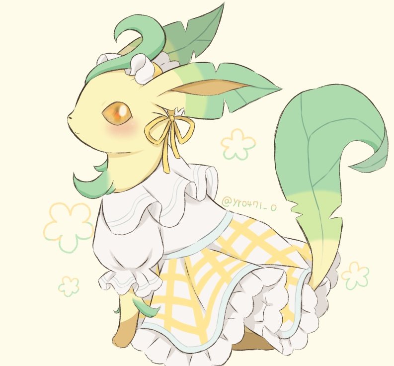 yuuri (yr0471 0), leafeon, leafeon (checkered), nintendo, pokemon, pokemon unite, commentary request, blush, brown eyes, clothed pokemon, dress, frilled dress, frills, gen 4 pokemon, looking at viewer, no humans, pokemon (creature), sitting, solo, twitter username, white background
