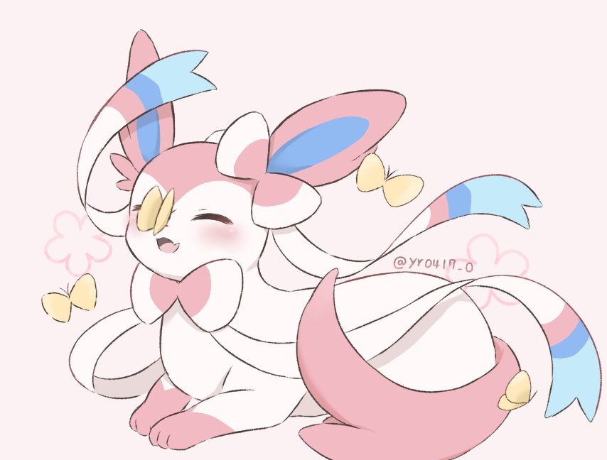 yuuri (yr0471 0), sylveon, nintendo, pokemon, commentary request, blush, bug, butterfly, closed eyes, fang, gen 6 pokemon, insect, lying, no humans, open mouth, pokemon (creature), simple background, smile, twitter username