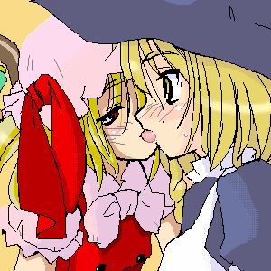 flandre scarlet, kirisame marisa, touhou, lowres, 2girls, blonde hair, blush, female focus, french kiss, hat, kiss, mob cap, multiple girls, oekaki, tongue, witch hat, yuri