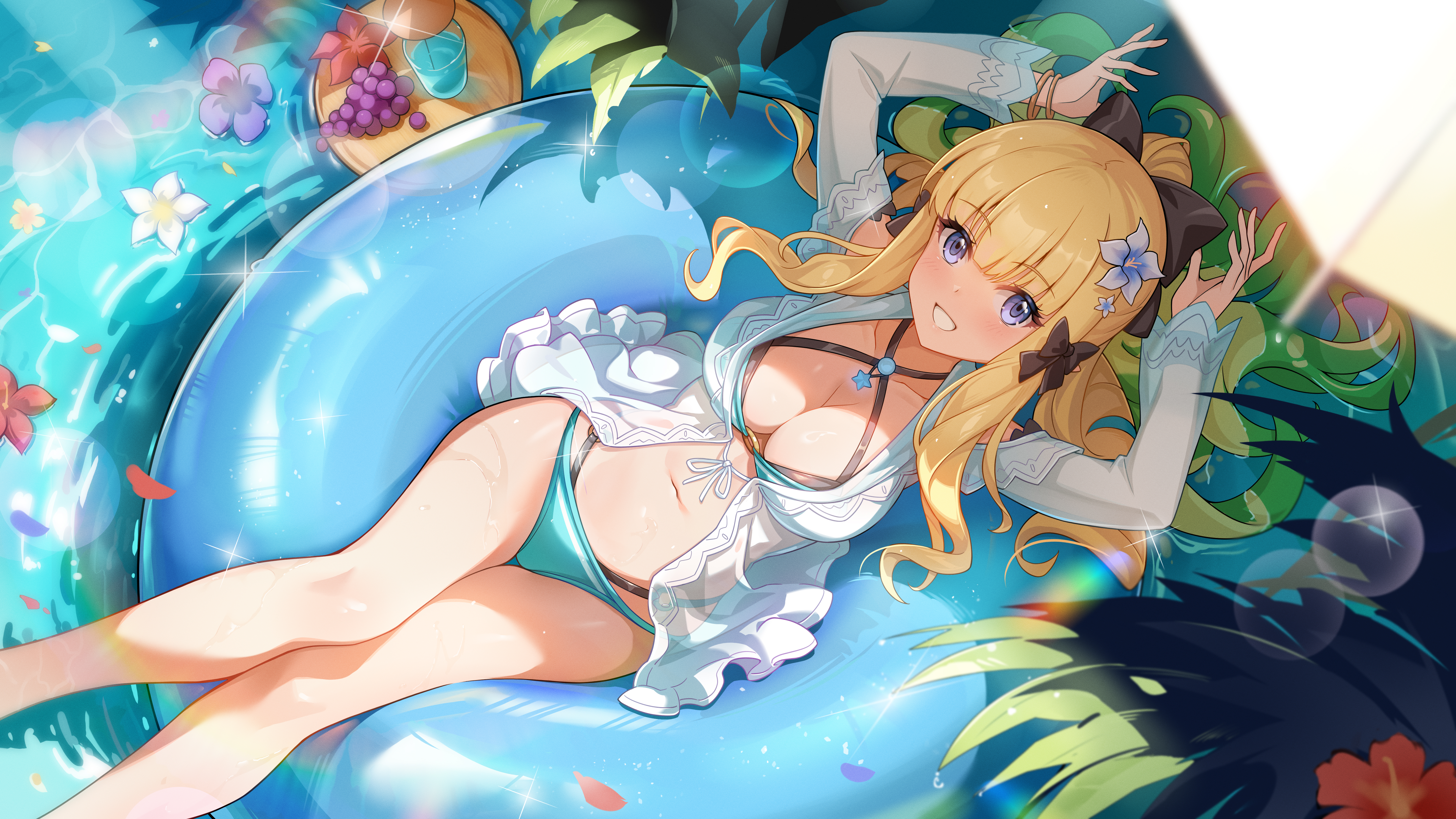 shenqi xiao hong zai nali, saren (princess connect!), saren (summer) (princess connect!), princess connect!, absurdres, commentary request, highres, 1girl, aqua bikini, arms up, beach, bikini, black bow, blonde hair, blue eyes, blue innertube, blush, bow, bracelet, breasts, cleavage, collarbone, cup, day, drinking glass, elf, falling petals, flower, flower on liquid, food, from above, front-tie top, fruit, glint, grapes, hair bow, hair flower, hair ornament, hair spread out, halterneck, jewelry, large breasts, legs, lens flare, light particles, long hair, long sleeves, looking at viewer, lying, navel, ocean, official alternate costume, on back, on innertube, outdoors, parted lips, petals, petals on liquid, plant, plate, pointy ears, see-through clothes, see-through sleeves, smile, solo, star (symbol), stomach, sunlight, swim ring, swimsuit, swimsuit cover-up, thighs, umbrella, very long hair, water, wet