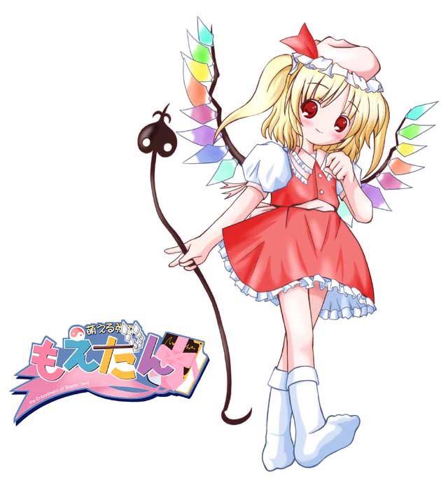 flandre scarlet, touhou, 1girl, blouse, chibi, chibi only, collared shirt, female focus, full body, hat, mob cap, shirt, simple background, socks, solo, white background, white shirt, white socks