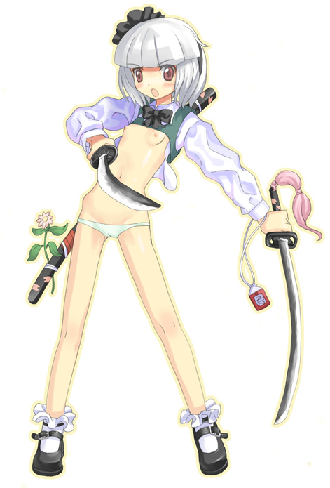konpaku youmu, touhou, silver hair, 1girl, blouse, blush, bow, bowtie, breasts, female focus, flat chest, full body, green panties, katana, lowleg, lowleg panties, mary janes, open clothes, open shirt, panties, purple eyes, shirt, shoes, short hair, small breasts, solo, standing, sword, underboob, underwear, weapon, white background