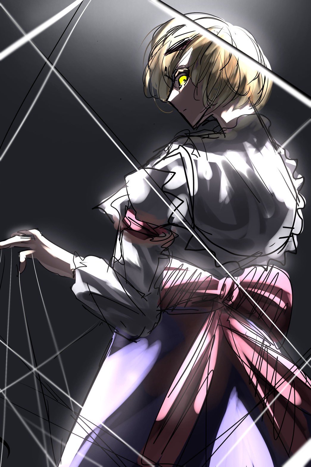 alice margatroid, touhou, highres, 1girl, blonde hair, blue dress, dress, dress ribbon, from behind, gy9vxciahg25405, looking at viewer, puppet strings, short hair, solo, yellow eyes