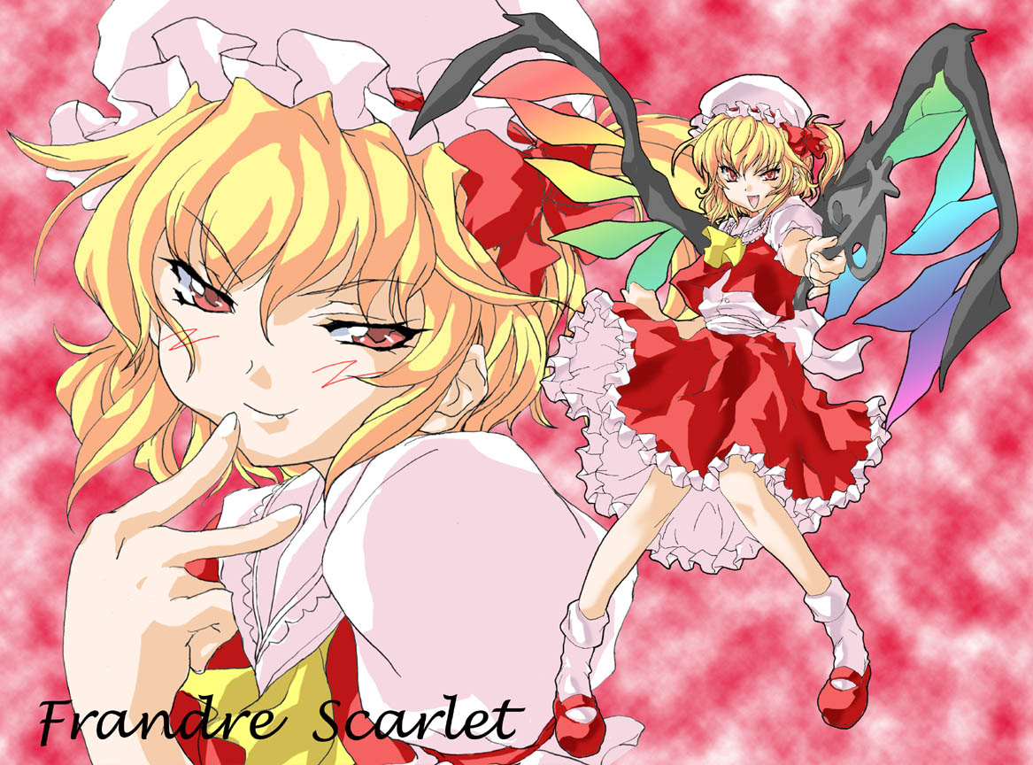 matsukura nemu, flandre scarlet, touhou, >:), 1girl, :d, ascot, blonde hair, blouse, blush, bobby socks, bow, character name, dress, english text, engrish text, fang, foreshortening, frills, hand on own chin, hat, hat bow, holding, laevatein, mary janes, mob cap, multiple views, naughty face, one side up, open mouth, pigeon-toed, ranguage, red eyes, sash, shirt, shoes, side ponytail, smile, socks, standing, stroking own chin, tsurime, upper body, v-shaped eyebrows, wings