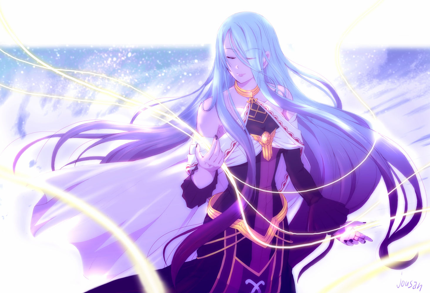 xiacheng tatsuya, eiyuu densetsu, hajimari no kiseki, 1girl, artist name, bare shoulders, blue hair, closed eyes, detached sleeves, dress, floating hair, grandmaster (eiyuu densetsu), hair over one eye, long hair, sidelocks, solo, very long hair