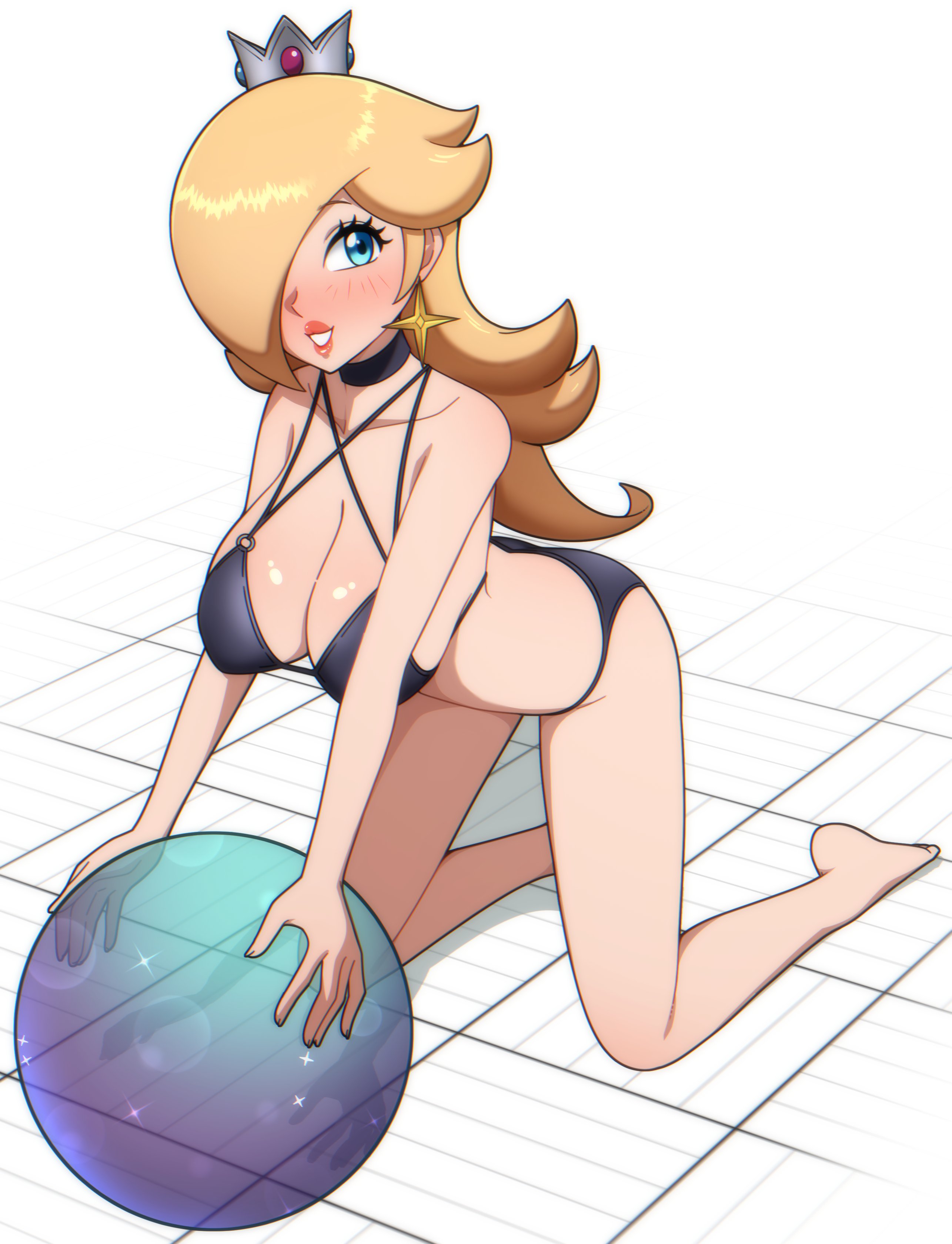 kdtwifi, rosalina, mario (series), nintendo, absurdres, highres, 1girl, arched back, ball, beachball, bikini, black bikini, blonde hair, blue eyes, breasts, crown, earrings, hair over one eye, jewelry, large breasts, long hair, smile, solo, star (symbol), star earrings, swimsuit