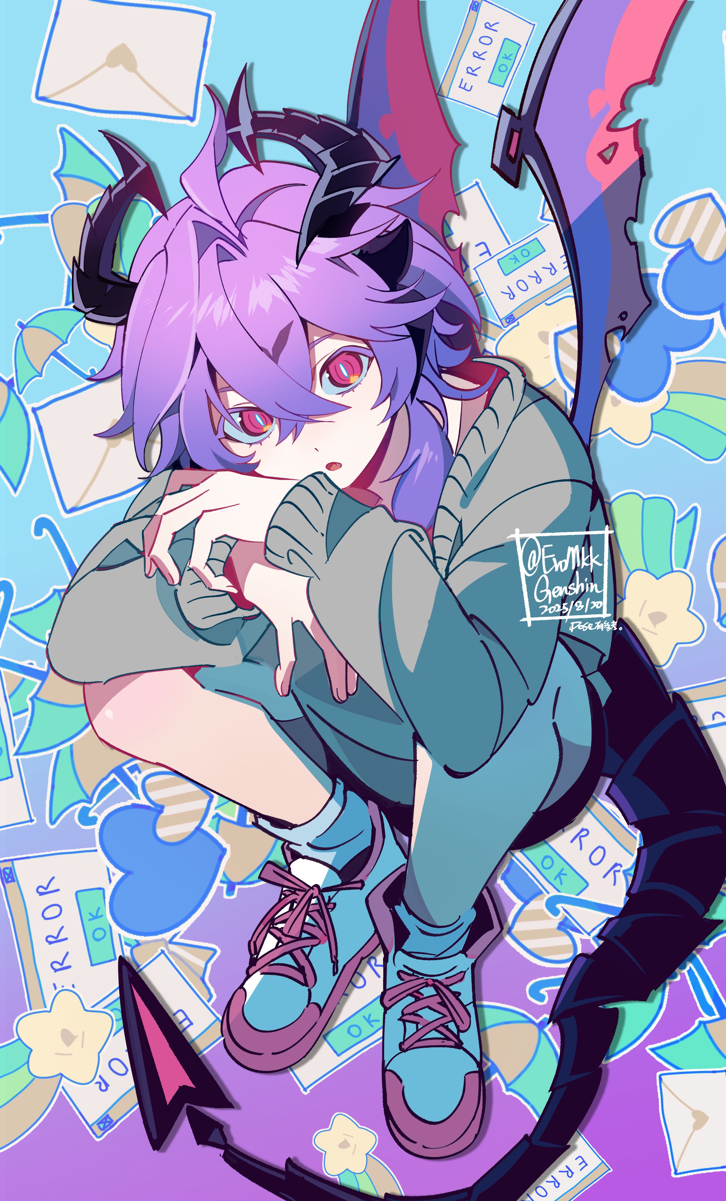 eromkk, mini durin (genshin impact), mini durin (human) (genshin impact), genshin impact, absurdres, commentary, hashtag-only commentary, highres, 1boy, alternate costume, antenna hair, black horns, black shorts, black tail, crossed bangs, dated, dot nose, double-parted bangs, dragon horns, dragon tail, dragon wings, elbows on knees, error message, grey sweater, hair between eyes, heart, horns, letter, long sleeves, looking at viewer, love letter, male focus, medium hair, open mouth, pink eyes, purple hair, shoelaces, shoes, shorts, sneakers, socks, solo, star (symbol), sweater, tail, twitter username, umbrella, white socks, wings