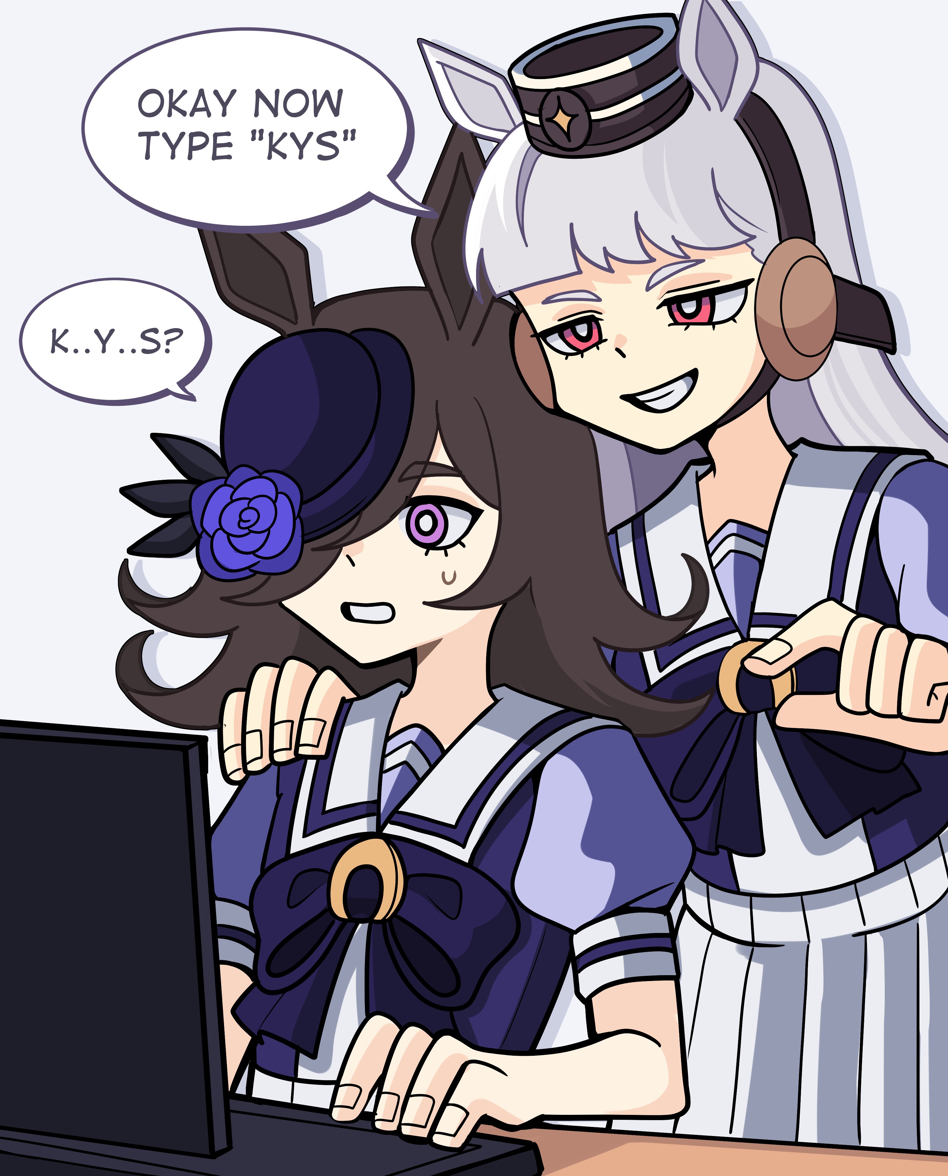 bobamiruku, gold ship (umamusume), rice shower (umamusume), umamusume, absurdres, highres, 2girls, animal ears, black hat, blunt bangs, brown hair, computer keyboard, english text, fingernails, grey background, grey hair, grin, hair over one eye, hat, horse ears, horse girl, long hair, meme, monitor, multiple girls, ok now type kill yourself loser (meme), open mouth, pink eyes, pleated skirt, pointing, purple eyes, school uniform, short sleeves, simple background, skirt, smile, speech bubble, sweatdrop, teeth, tracen school uniform, white skirt