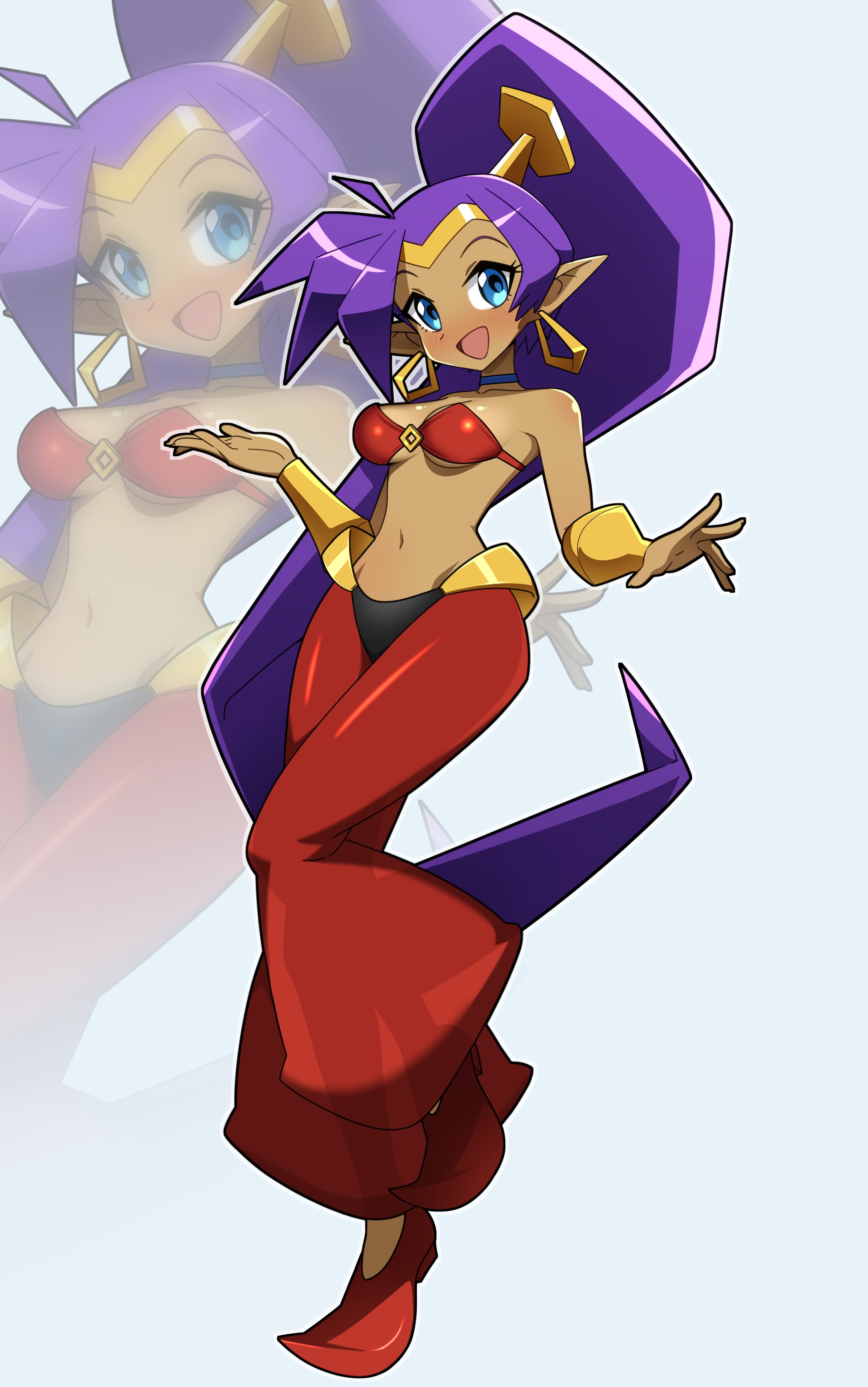 kdtwifi, shantae, shantae (series), pointy footwear, absurdres, highres, 1girl, blue eyes, bracer, breasts, choker, circlet, dark-skinned female, dark skin, earrings, genie, harem pants, hoop earrings, jewelry, long hair, medium breasts, navel, o-ring, o-ring top, open mouth, pants, pointy ears, ponytail, purple hair, red pants, red shoes, shoes, smile, solo, very long hair