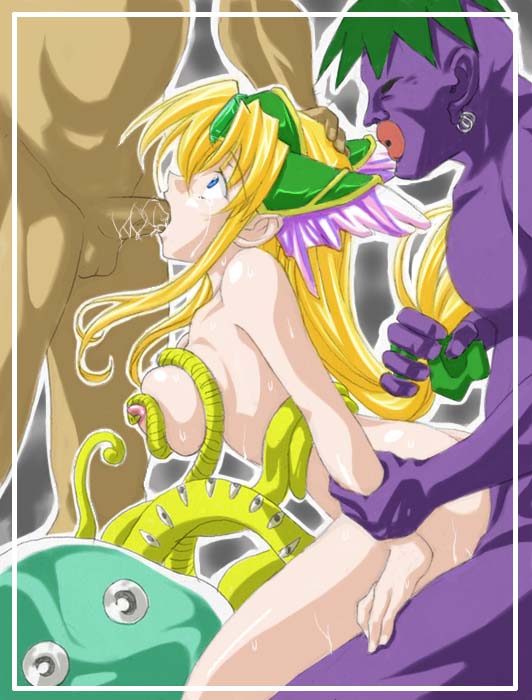riesz, seiken densetsu, seiken densetsu 3, 1girl, ass, blonde hair, blue eyes, breasts, double penetration, fellatio, gang rape, group sex, hand on another's head, large breasts, long hair, mmf threesome, monster, multiple penetration, nipples, nude, oral, penis, rape, sex, solo focus, spitroast, tentacle sex, tentacles, threesome, vaginal
