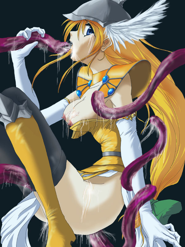 riesz, vanadis, vanadis (seiken densetsu 3), seiken densetsu, seiken densetsu 3, 1girl, alternate legwear, blonde hair, blue eyes, fellatio, female focus, gloves, long hair, nipples, oral, pussy juice, rape, solo, solo focus, tentacle sex, tentacles, thighhighs