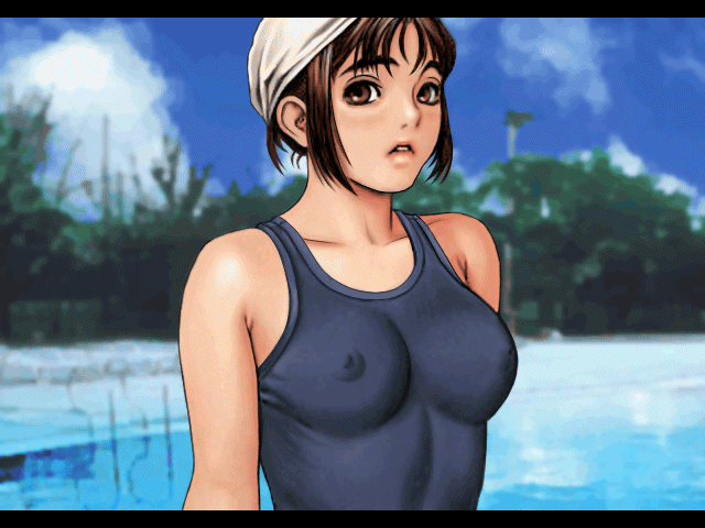 tsukasa jun, shimizu tomoko, taisen hot gimmick, animated, animated gif, game cg, 1girl, :o, areola slip, blush, bouncing breasts, breasts, brown eyes, brown hair, clothes pull, cloud, covered erect nipples, day, embarrassed, female focus, ladder, large breasts, letterboxed, lips, looking at viewer, nipples, one-piece swimsuit, one-piece swimsuit pull, one eye closed, open mouth, outdoors, parted bangs, photo background, pool, poolside, public indecency, reflection, short hair, sidelocks, sky, solo, swim cap, swimsuit, topless female, torn clothes, torn swimsuit, tree, upper body, wardrobe malfunction, water, wince, wink