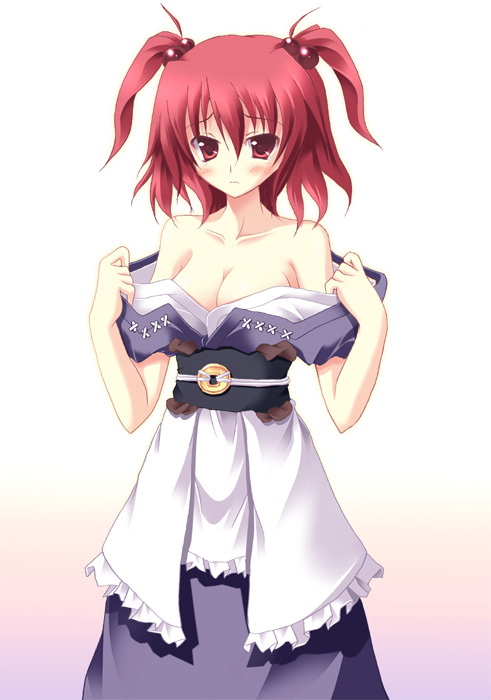 ruru (artist), ruru (heat haze), onozuka komachi, touhou, 1girl, bare shoulders, breasts, cleavage, coin, collarbone, dress, female focus, hair bobbles, hair ornament, medium breasts, obi, off shoulder, red eyes, red hair, sash, short twintails, solo, twintails, two side up, undressing