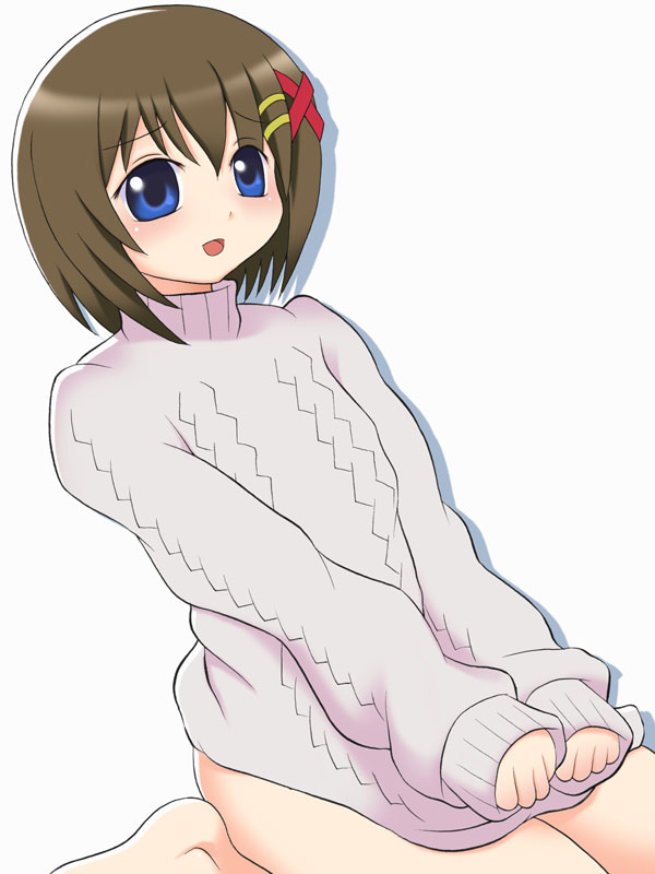 yagami hayate, lyrical nanoha, mahou shoujo lyrical nanoha, mahou shoujo lyrical nanoha a's, 00s, 1girl, :d, bare legs, barefoot, blue eyes, brown hair, female focus, hair ornament, long sleeves, open mouth, simple background, sitting, smile, solo, sweater, wariza, white background, x hair ornament