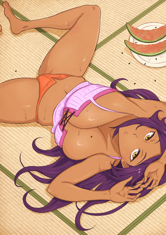 shihouin yoruichi, bleach, 1girl, breasts, dark-skinned female, dark skin, food, fruit, large breasts, purple hair, watermelon