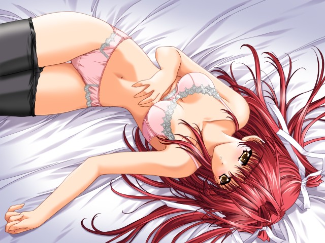 kimizuka aoi, shinbashi mina, suki da yo!, game cg, 00s, 1girl, bed, black thighhighs, blush, bra, brown eyes, female focus, hair ribbon, lace, lace-trimmed bra, lace-trimmed panties, lace trim, lingerie, long hair, panties, red hair, ribbon, solo, thighhighs, underwear, underwear only