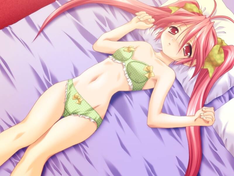 mitarashi kousei, aikawa hina, yuunee to issho, plaid, game cg, 1girl, antenna hair, bed, blush, bow, bow bra, bow panties, bra, dutch angle, female focus, flat chest, frilled panties, frills, from above, green panties, hair ribbon, lingerie, loli, long hair, lying, navel, on back, open mouth, outstretched arms, panties, pillow, pink eyes, pink hair, polka dot, polka dot panties, ribbon, sidelocks, solo, spread arms, strapless, strapless bra, thigh gap, thighs, twintails, underwear, underwear only, very long hair