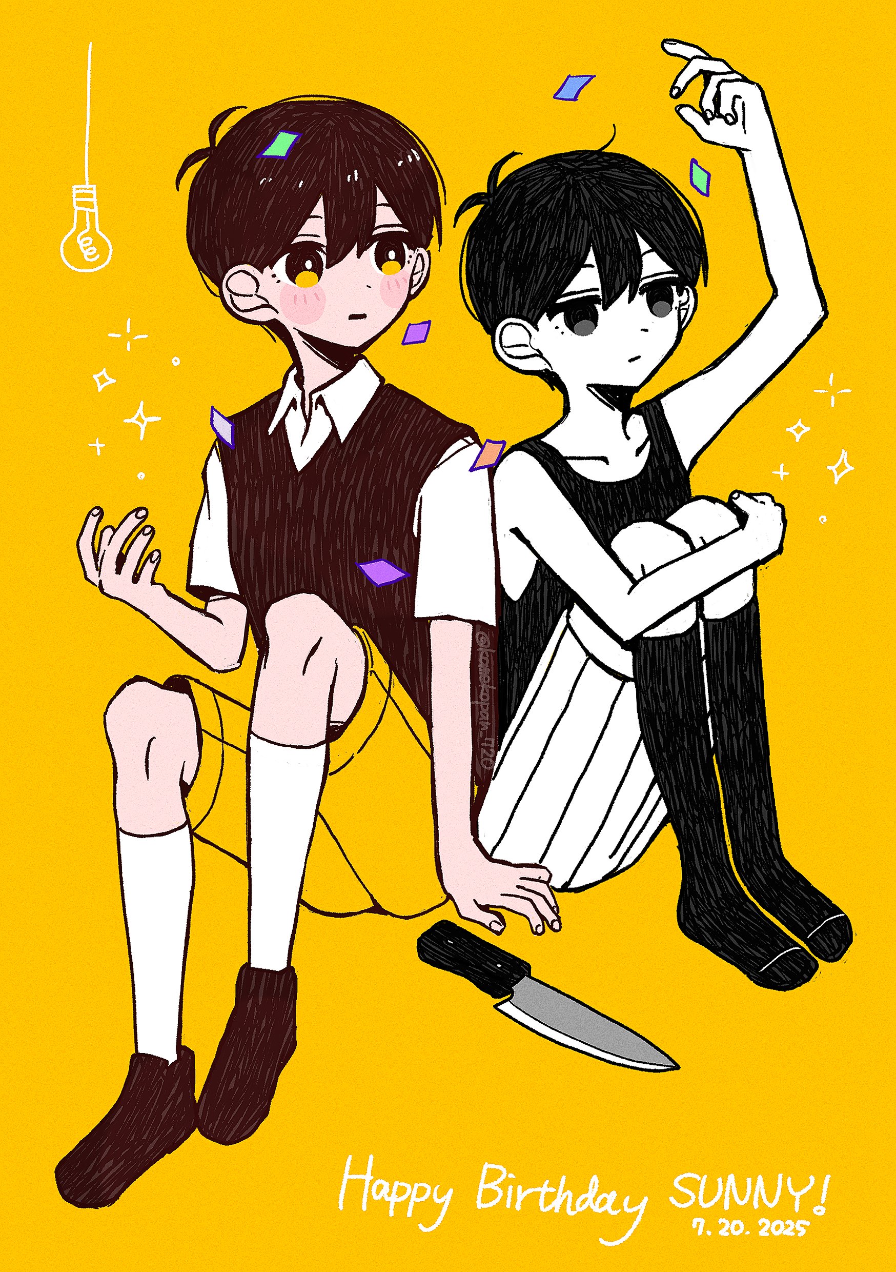 komekopan 720, omori (omori), sunny (omori), omori, absurdres, highres, 2boys, antenna hair, arm support, arm up, black eyes, black hair, black shoes, black socks, black sweater vest, brown shorts, collarbone, collared shirt, colored skin, confetti, double-parted bangs, dual persona, expressionless, kneehighs, knees up, knife, looking at another, male focus, multiple boys, shirt, shoes, short hair, short sleeves, shorts, simple background, sitting, socks, striped clothes, striped shorts, sweater vest, vertical-striped clothes, vertical-striped shorts, white shirt, white shorts, white skin, white socks, yellow background