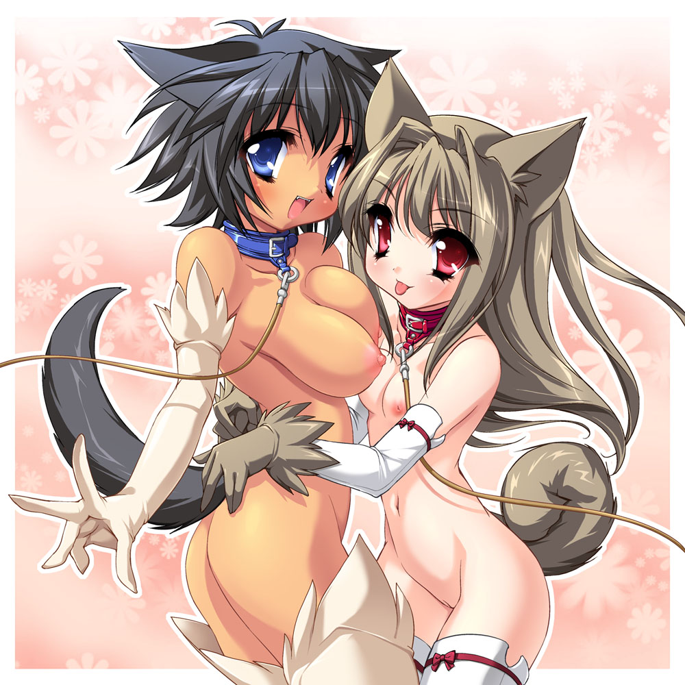 sorimura youji, original, 2girls, age difference, animal ears, breasts, cleft of venus, collar, cowboy shot, dog ears, dog tail, elbow gloves, flat chest, gloves, large breasts, leash, loli, multiple girls, nipples, no bra, no panties, onee-loli, petite, pussy, small breasts, tail, thighhighs, uncensored, yuri