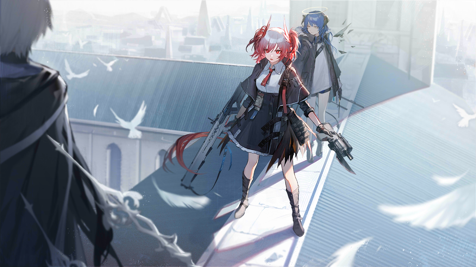 andoain (arknights), fiammetta (arknights), mostima (arknights), arknights, game cg, highres, official art, third-party source, 1boy, 2girls, angry, bird, black jacket, black shorts, black skirt, building, cityscape, day, detached wings, dove, halo, holding, holding weapon, horns, jacket, multiple girls, necktie, on roof, out of frame, red necktie, shirt, short necktie, shorts, skirt, square-end necktie, weapon, white shirt, wings